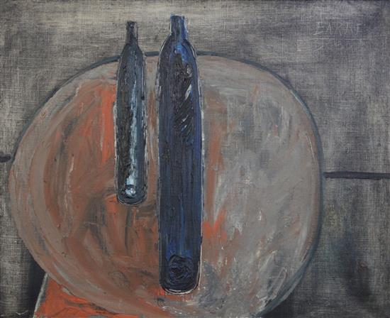 Sadanand Bakre (India 1920-2007) Still life - two bottles on a table top, 21 x 26in.